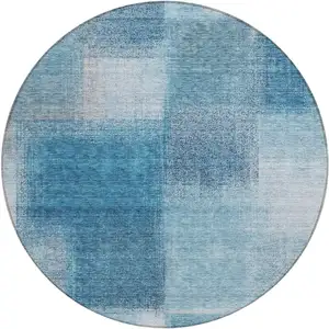 Photo of 8' Denim Blue And Navy Blue Round Abstract Washable Indoor Outdoor Area Rug