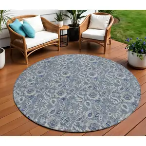 Photo of 8' Denim Blue And Navy Blue Round Floral Washable Indoor Outdoor Area Rug