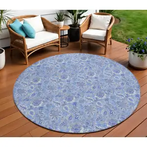 Photo of 8' Denim Blue And Navy Blue Round Floral Washable Indoor Outdoor Area Rug