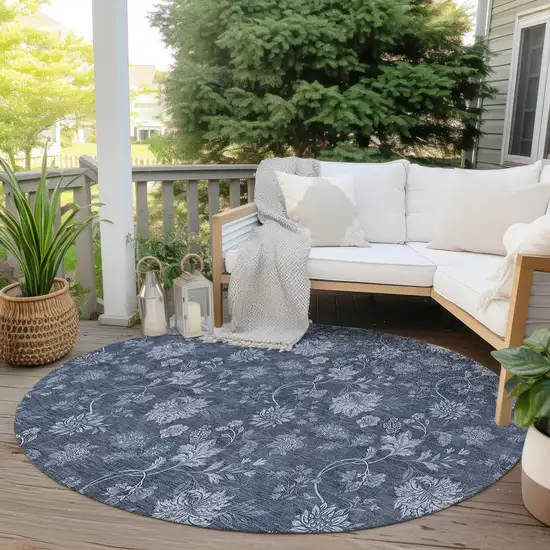 8' Denim Blue And Navy Blue Round Floral Washable Indoor Outdoor Area Rug Photo 6