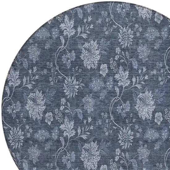 8' Denim Blue And Navy Blue Round Floral Washable Indoor Outdoor Area Rug Photo 4