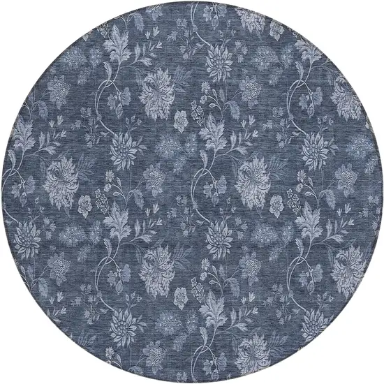 8' Denim Blue And Navy Blue Round Floral Washable Indoor Outdoor Area Rug Photo 2