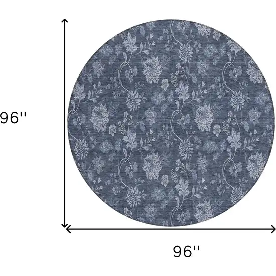 8' Denim Blue And Navy Blue Round Floral Washable Indoor Outdoor Area Rug Photo 3