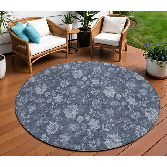 8' Denim Blue And Navy Blue Round Floral Washable Indoor Outdoor Area Rug Photo 1