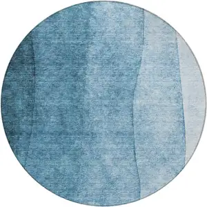 Photo of 8' Denim Blue And Navy Blue Round Ombre Washable Indoor Outdoor Area Rug