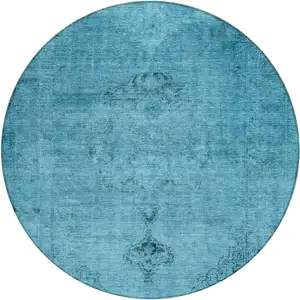 Photo of 8' Denim Blue And Navy Blue Round Oriental Washable Indoor Outdoor Area Rug