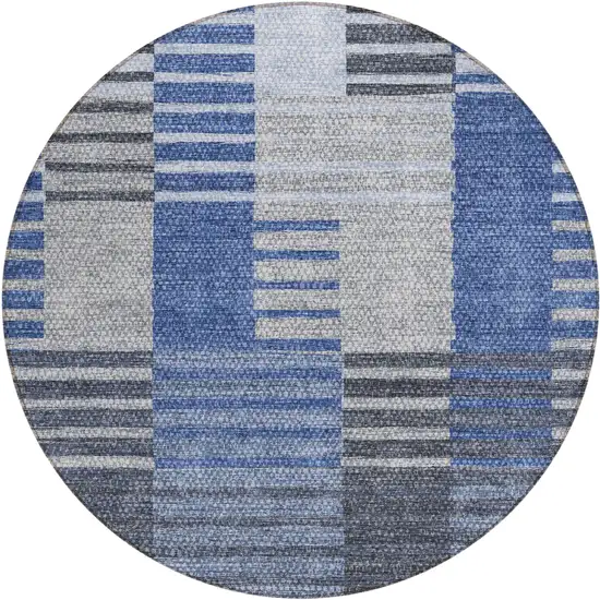 8' Denim Blue And Navy Blue Round Striped Washable Indoor Outdoor Area Rug Photo 2