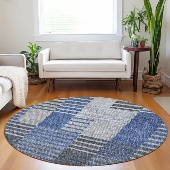 8' Denim Blue And Navy Blue Round Striped Washable Indoor Outdoor Area Rug Photo 8