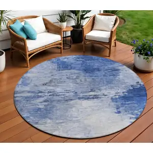 Photo of 8' Denim Blue And Sky Blue Round Abstract Washable Indoor Outdoor Area Rug