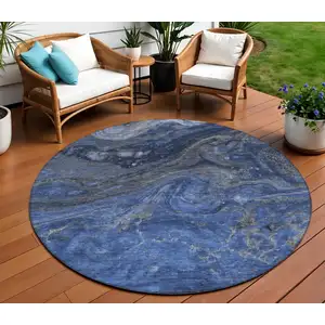 Photo of 8' Denim Blue And Sky Blue Round Abstract Washable Indoor Outdoor Area Rug