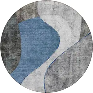 Photo of 8' Denim Blue And Sky Blue Round Abstract Washable Indoor Outdoor Area Rug