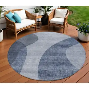 Photo of 8' Denim Blue And Sky Blue Round Abstract Washable Indoor Outdoor Area Rug