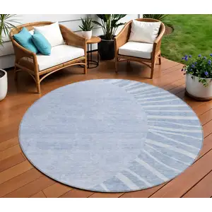 Photo of 8' Denim Blue And Sky Blue Round Abstract Washable Indoor Outdoor Area Rug