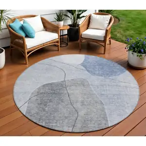 Photo of 8' Denim Blue And Sky Blue Round Abstract Washable Indoor Outdoor Area Rug