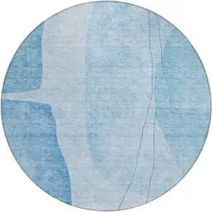 Photo of 8' Denim Blue And Sky Blue Round Abstract Washable Indoor Outdoor Area Rug