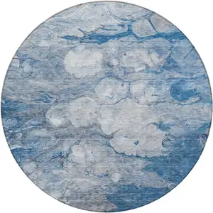 Photo of 8' Denim Blue And Sky Blue Round Abstract Washable Indoor Outdoor Area Rug