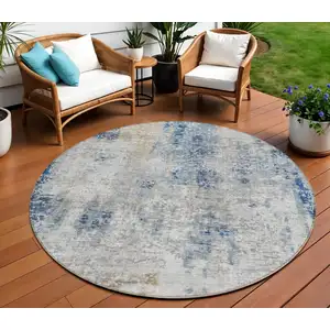 Photo of 8' Denim Blue And Sky Blue Round Abstract Washable Indoor Outdoor Area Rug