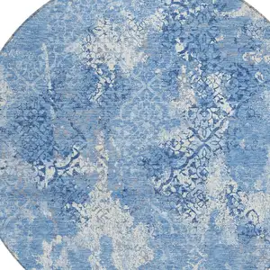 Photo of 8' Denim Blue And Sky Blue Round Floral Washable Indoor Outdoor Area Rug