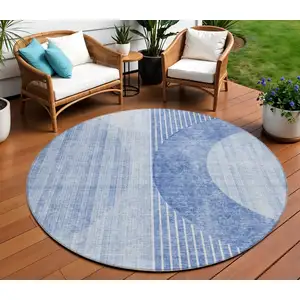 Photo of 8' Denim Blue And Sky Blue Round Geometric Washable Indoor Outdoor Area Rug