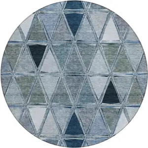 Photo of 8' Denim Blue And Sky Blue Round Geometric Washable Indoor Outdoor Area Rug