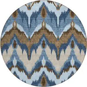 Photo of 8' Denim Blue And Sky Blue Round Ikat Washable Indoor Outdoor Area Rug