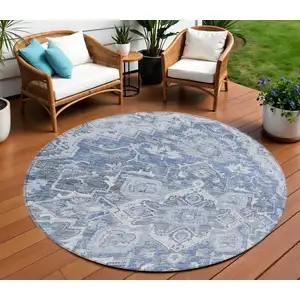 Photo of 8' Denim Blue And Sky Blue Round Oriental Washable Indoor Outdoor Area Rug