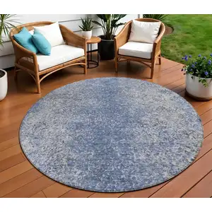 Photo of 8' Denim Blue And Sky Blue Round Oriental Washable Indoor Outdoor Area Rug