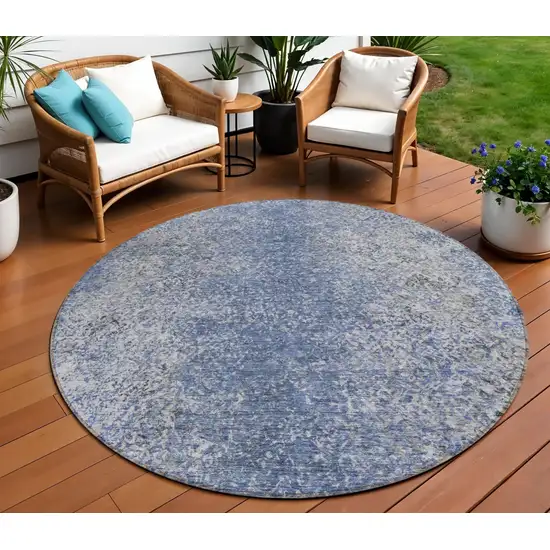 8' Denim Blue And Sky Blue Round Oriental Washable Indoor Outdoor Area Rug Photo 1