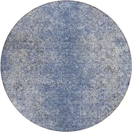 8' Denim Blue And Sky Blue Round Oriental Washable Indoor Outdoor Area Rug Photo 2