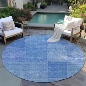 Photo of 8' Denim Blue And Sky Blue Round Patchwork Washable Indoor Outdoor Area Rug