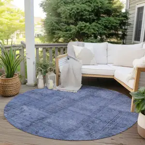 Photo of 8' Denim Blue And Sky Blue Round Patchwork Washable Indoor Outdoor Area Rug