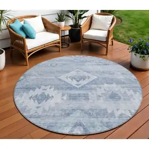 Photo of 8' Denim Blue And Sky Blue Round Southwestern Washable Indoor Outdoor Area Rug