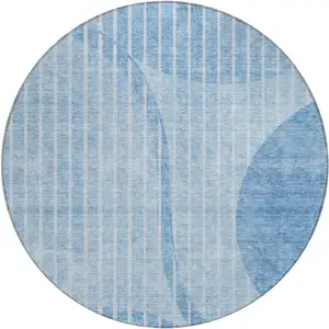 Photo of 8' Denim Blue And Sky Blue Round Striped Washable Indoor Outdoor Area Rug