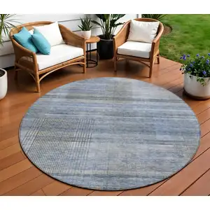 Photo of 8' Denim Blue And Sky Blue Round Striped Washable Indoor Outdoor Area Rug