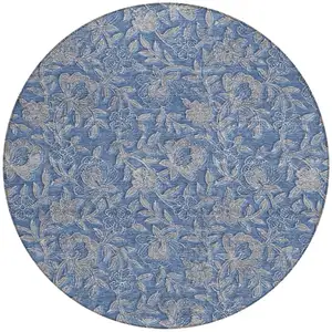 Photo of 8' Denim Blue And Taupe Round Floral Washable Indoor Outdoor Area Rug