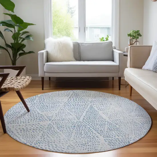 8' Denim Blue Ivory And Gray Round Geometric Washable Indoor Outdoor Area Rug Photo 6