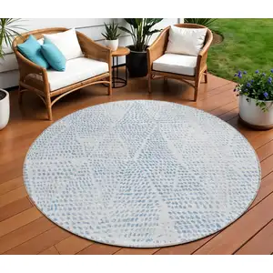 Photo of 8' Denim Blue Ivory And Gray Round Geometric Washable Indoor Outdoor Area Rug