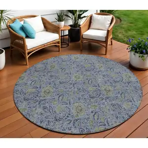 Photo of 8' Denim Blue Navy Blue And Gray Round Floral Washable Indoor Outdoor Area Rug