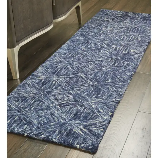 8' Denim Blue and Ivory Wool Geometric Runner Rug Photo 8