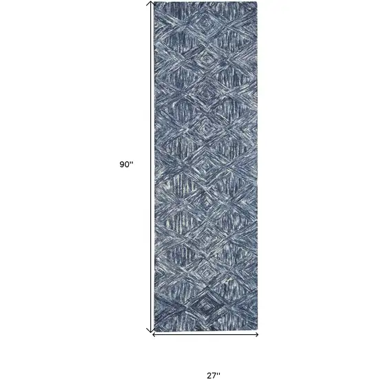 8' Denim Blue and Ivory Wool Geometric Runner Rug Photo 3