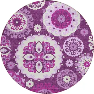 Photo of 8' Eggplant And Mauve Round Floral Medallion Washable Indoor Outdoor Area Rug