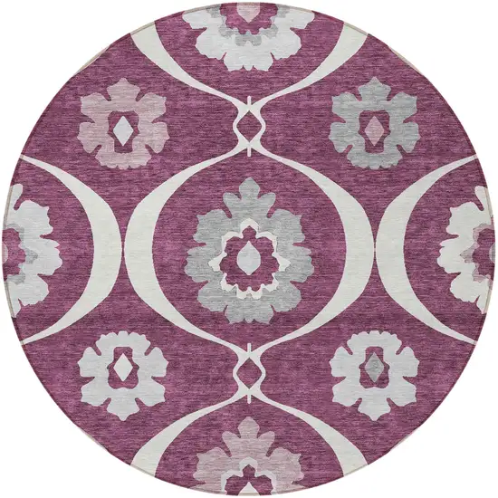 8' Eggplant Ivory And Gray Round Medallion Washable Indoor Outdoor Area Rug Photo 6