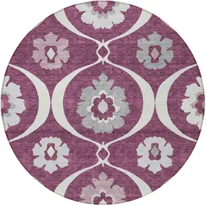 Photo of 8' Eggplant Ivory And Gray Round Medallion Washable Indoor Outdoor Area Rug