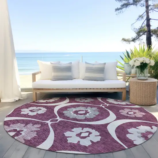 8' Eggplant Ivory And Gray Round Medallion Washable Indoor Outdoor Area Rug Photo 7