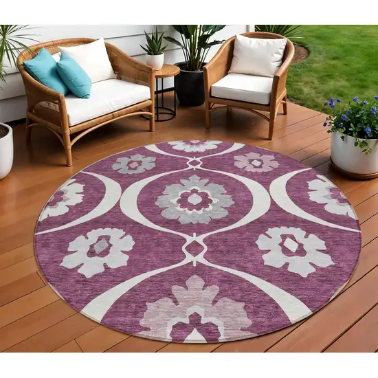 8' Eggplant Ivory And Gray Round Medallion Washable Indoor Outdoor Area Rug Photo 1