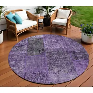 Photo of 8' Eggplant Purple And Charcoal Round Patchwork Washable Indoor Outdoor Area Rug