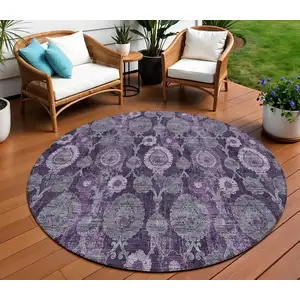 Photo of 8' Eggplant Purple And Lavender Round Damask Washable Indoor Outdoor Area Rug