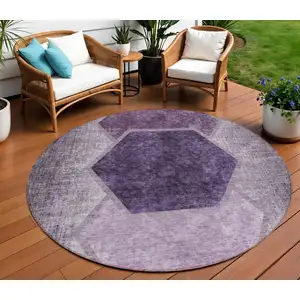 Photo of 8' Eggplant Purple And Lavender Round Geometric Washable Indoor Outdoor Area Rug