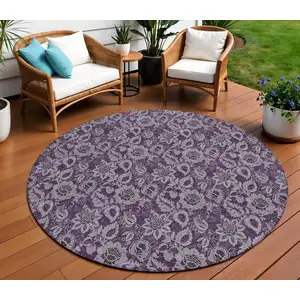 Photo of 8' Eggplant Purple And Lilac Round Floral Washable Indoor Outdoor Area Rug