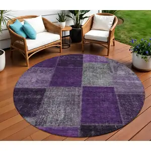 Photo of 8' Eggplant Purple And Lilac Round Patchwork Washable Indoor Outdoor Area Rug